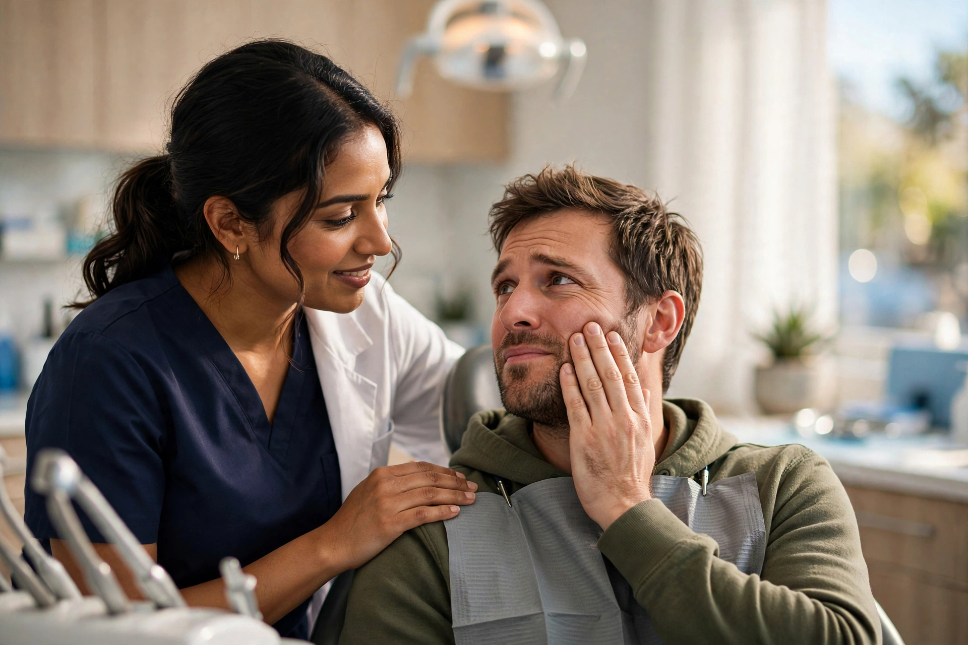 Dentist comforting a patient during an emergency dental visit in Temecula