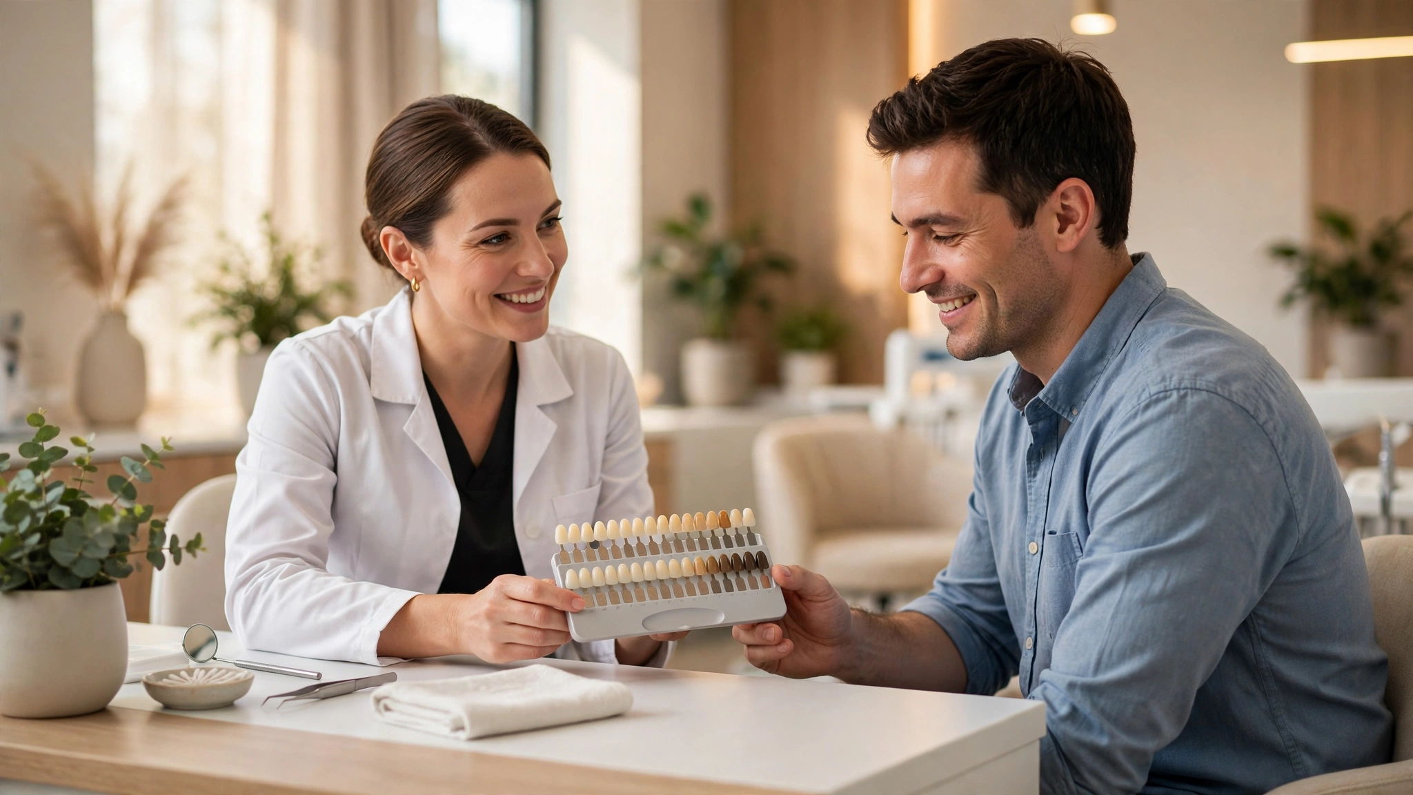 Dentist comparing veneer shades with a patient during a smile makeover consultation in Temecula