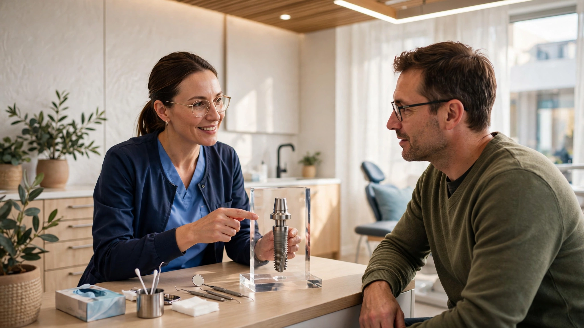Dentist explaining a titanium dental implant model to a patient at Paris Dental Temecula