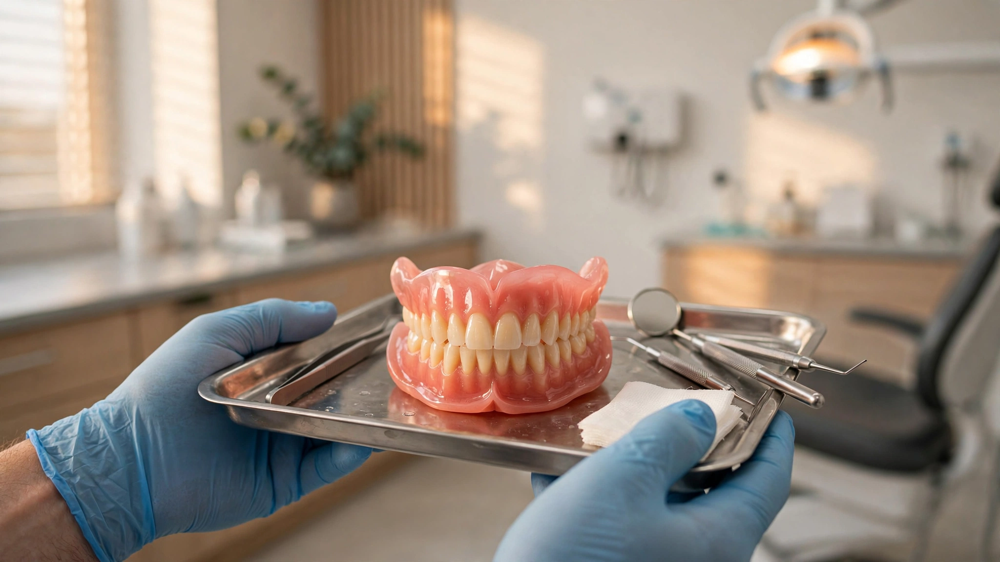 Dentist holding a natural-looking denture model at Paris Dental in Temecula