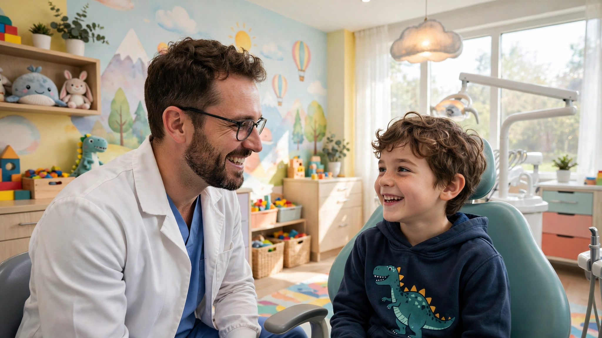 Friendly dentist with a smiling child patient at Paris Dental in Temecula