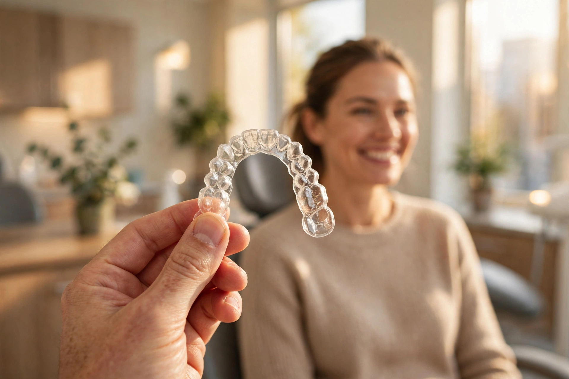 Patient holding a clear dental aligner at Paris Dental in Temecula