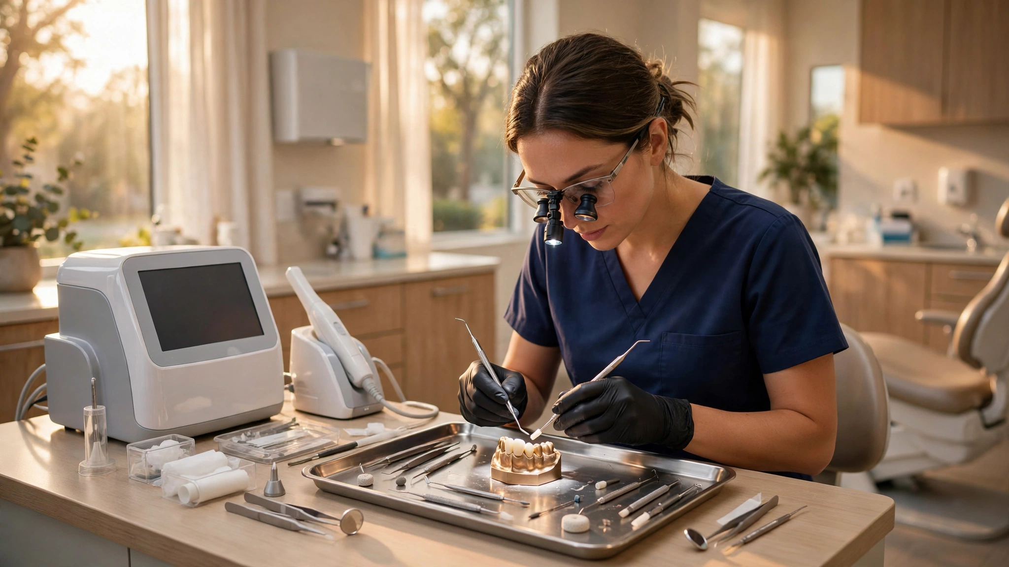Dentist preparing a dental crown with modern equipment in Temecula