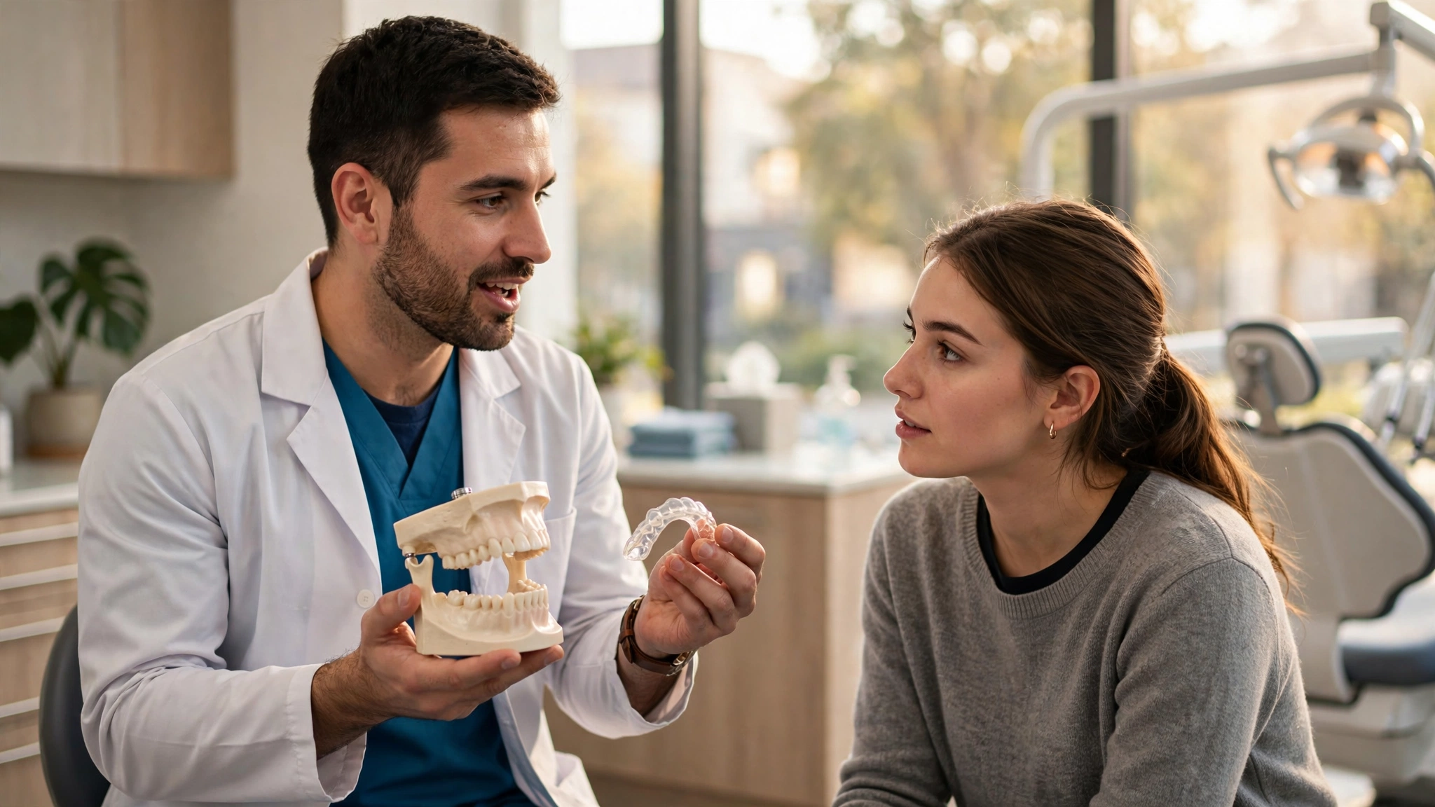 Dentist showing a jaw model while discussing TMJ treatment in Temecula